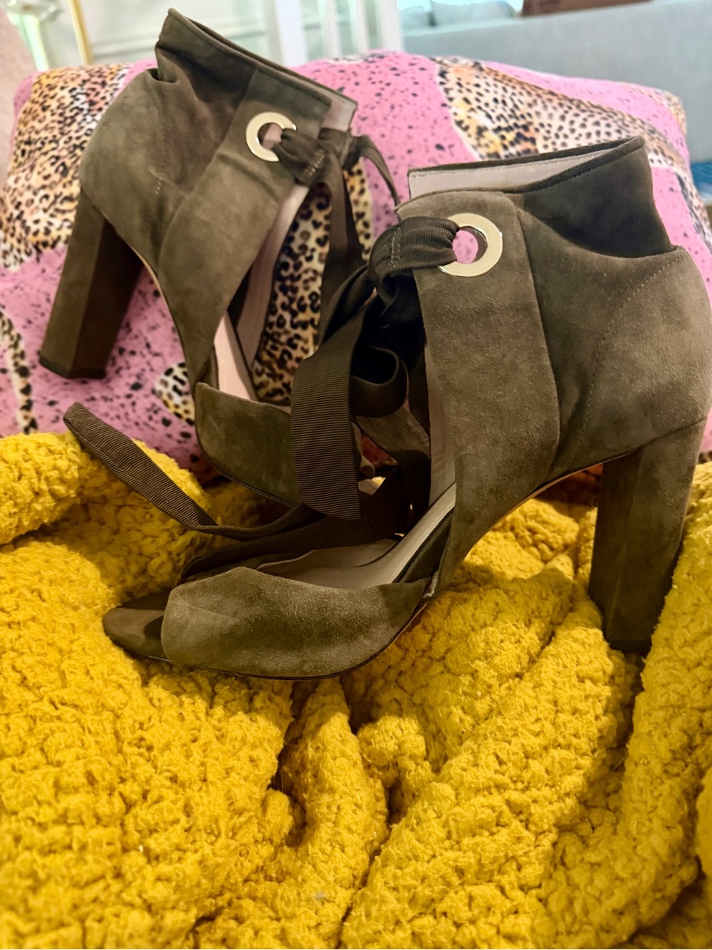 Olive Suede Peep-Toe Block Heel with Ankle Tie - Picture 5 of 6